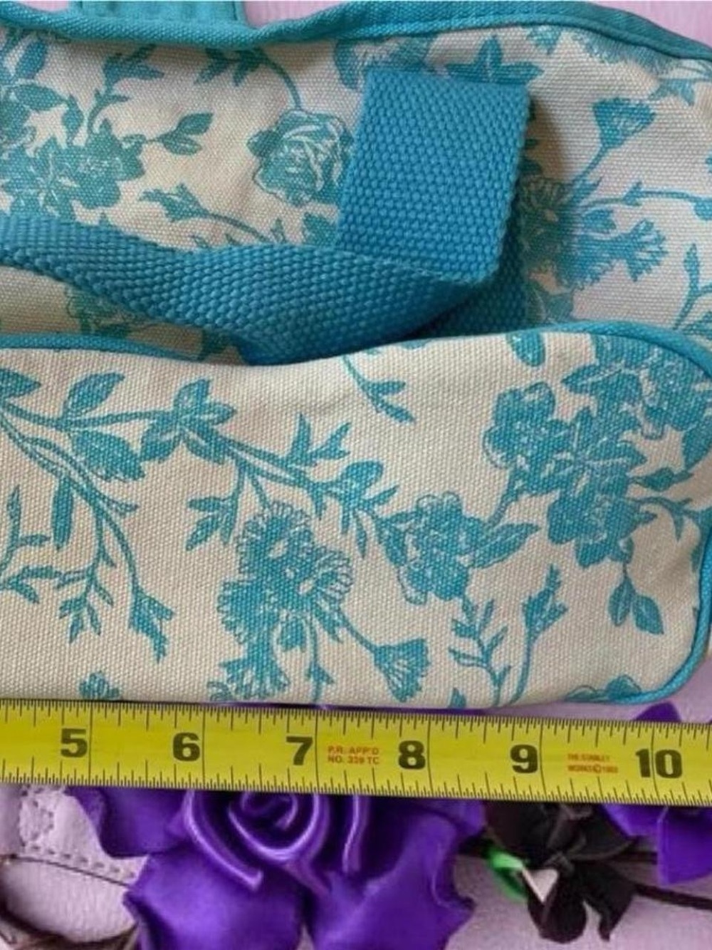 LoveShackFancy Cream Tote with Teal Floral Print and Teal Handles